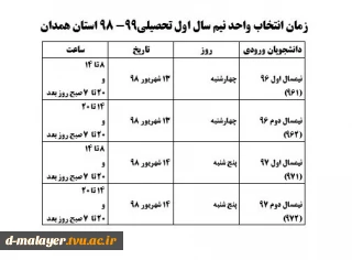 زمان بندی انتخاب واحد نیمسال اول 98 استان همدان