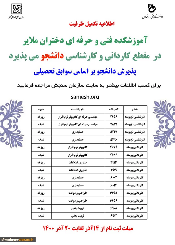 اطلاعیه تکمیل ظرفیت ترم بهمن 1400 2
