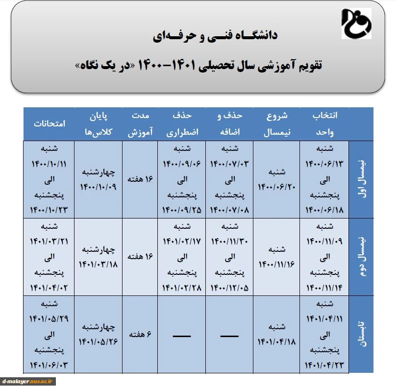 تقویم آموزشی سال 1401-1400 دانشگاه فنی و حرفه ی 3